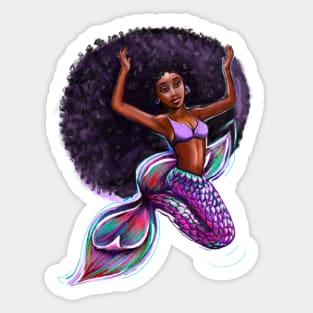 mermaid with big Afro underwater, brown eyes curly Afro hair and caramel brown skin. Black mermaid Sticker